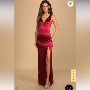 NWT Lulu’s Forever Special Burgundy Satin Sleeveless Tie-Back Maxi Dress